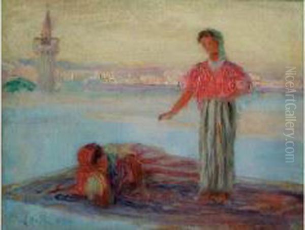 Femmes Sur Une Terrasse A Tunis Oil Painting by Albert Aublet