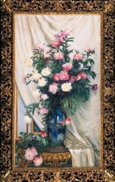 Peonies In A Blue Vase On A Draped Regency Giltwood Consoletable Oil Painting by Albert Aublet