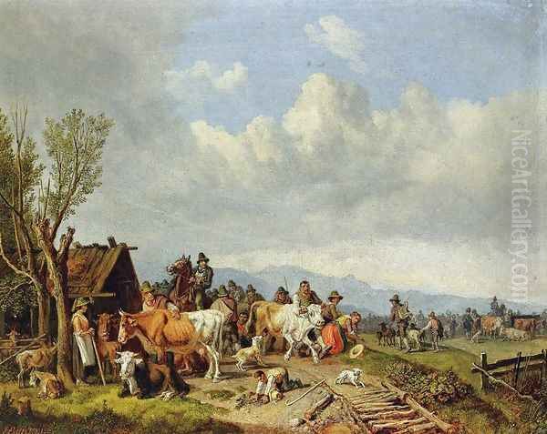 The Village Cattle Market Oil Painting by Heinrich Burkel