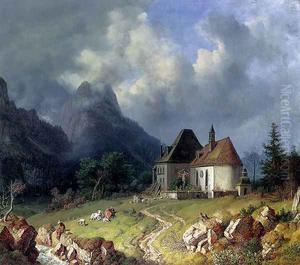 Das Kirchlein von Hinterriss, Im Hintergrund das Wettersteingebirge Oil Painting by Heinrich Burkel