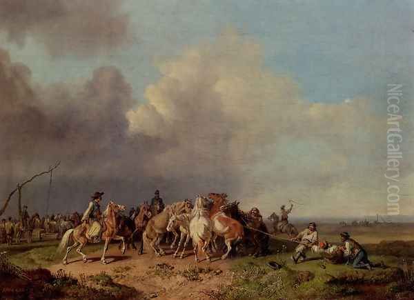 The Horse Round-Up Oil Painting by Heinrich Burkel