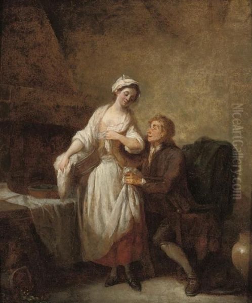 An Amorous Couple In An Interior Oil Painting by Etienne Aubry