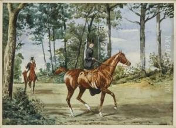 Couple De Cavalier En Foret Oil Painting by Jonny Audy