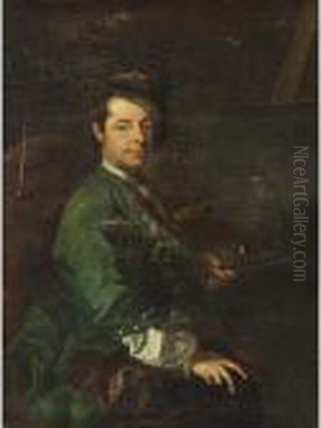 Self Portrait Of The Artist At Work Holding A Palette And Brushes In His Left Hand Oil Painting by Johann-Gottfried Auerbach