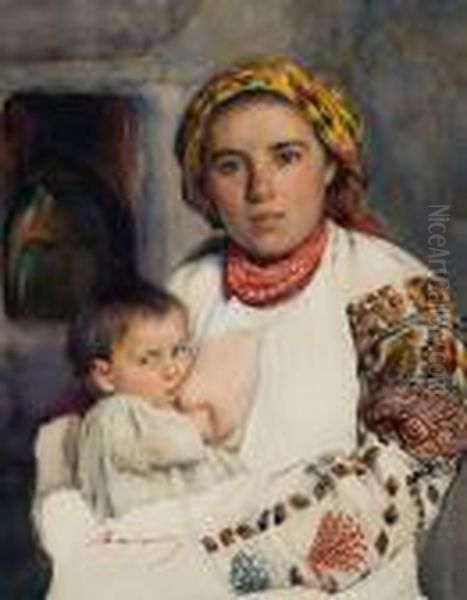 Ukrainka Karmiaca Dziecko Oil Painting by Aleksander Augustynowicz