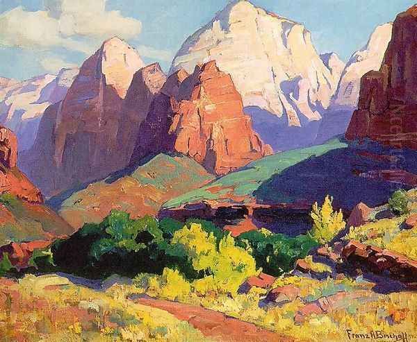 Pinnacle Rock, Zion National Park in Utah 1928 Oil Painting by Franz Bischoff