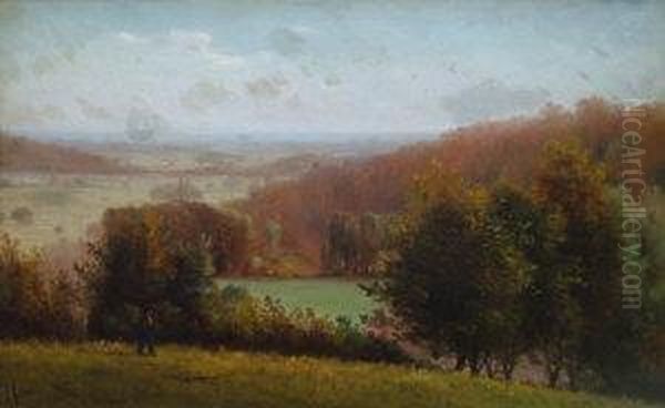 Figure On A Hillside With Fields And A Woodland Valley Beyond Oil Painting by James Aumonier