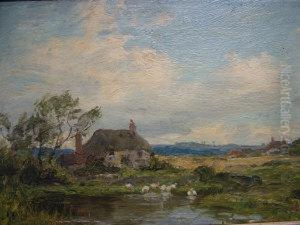 Geese By A Pond With A Cottage Nearby Oil Painting by James Aumonier