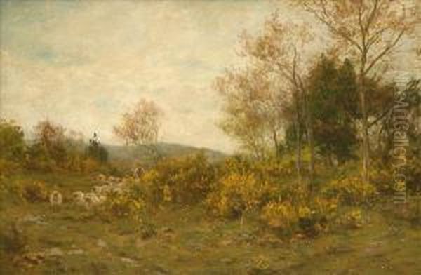 Moving Pasture,shepherd And Flock On A Wooded Hillside With Flowering Gorse Oil Painting by James Aumonier