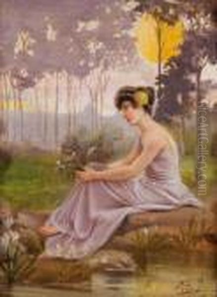 Ninfa Seduta Sulla Riva Del Tevere Sullo Sfondo Di Roma Oil Painting by Giuseppe Aureli