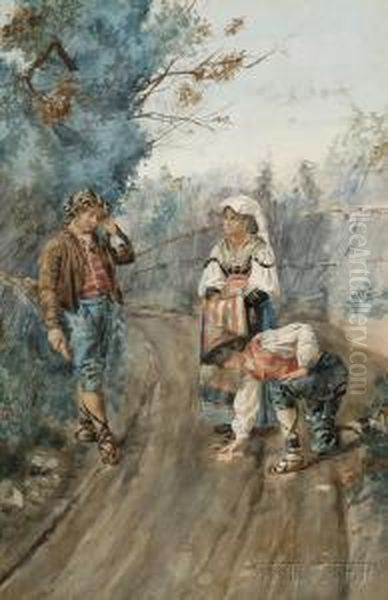 Three Rustic Figures On A Path Oil Painting by Giuseppe Aureli