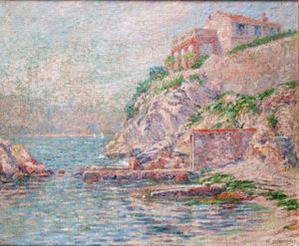 Villa Surplombant Un Rivage Mediterraneen Oil Painting by Henri Aurrens