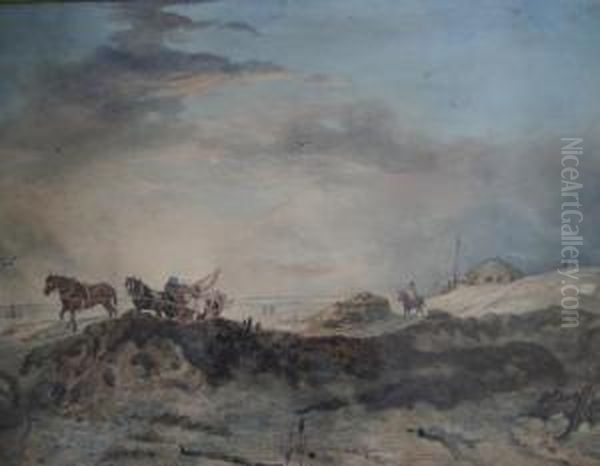 Fisherfolk And Horses Amongst Dunes On The Shore Bears Another Signature Oil Painting by Samuel Austin