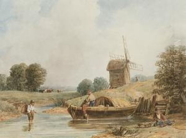 By The Windmill; Barges On A River Oil Painting by Samuel Austin