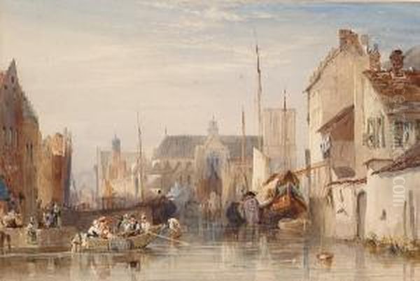 A Canal In A Continental Town Oil Painting by Samuel Austin