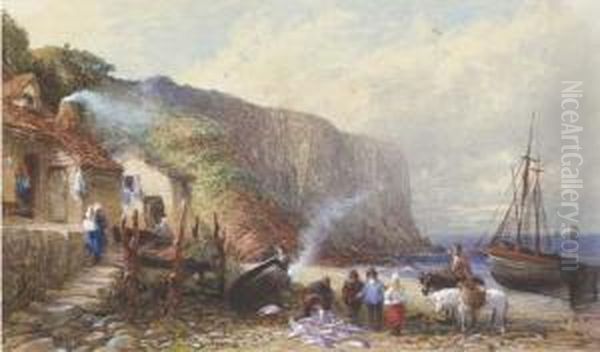 A Coastal Hamlet With Figures Selling Fish On The Foreshore Oil Painting by Samuel Austin