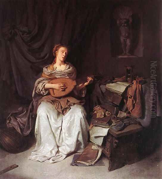 Woman Playing a Lute 1664-65 Oil Painting by Cornelis (Pietersz.) Bega