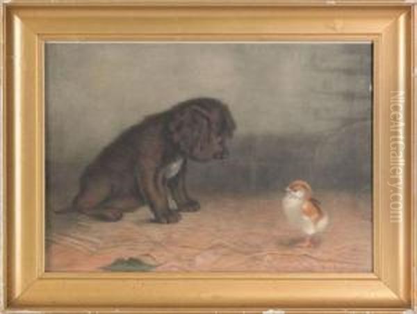 Puppy And Chick Oil Painting by Ben Austrian