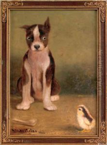 A Dog And Chick Watchful Waiting Oil Painting by Ben Austrian