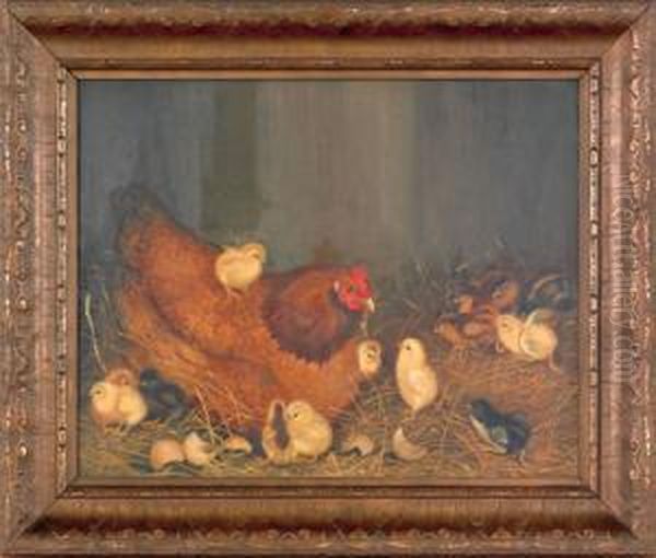 A Hen And Thirteen Chicks Oil Painting by Ben Austrian