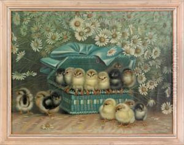 Fifteen Chicks Playing In A Blue Basket Surrounded By Daisies Oil Painting by Ben Austrian