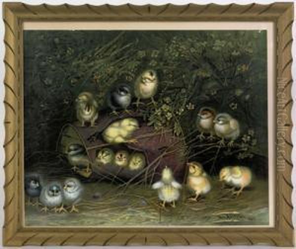 Chromolithograph Of Chicks Playing Around A Tin Can Oil Painting by Ben Austrian