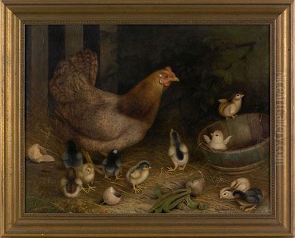 A Hen And 10 Chicks Oil Painting by Ben Austrian