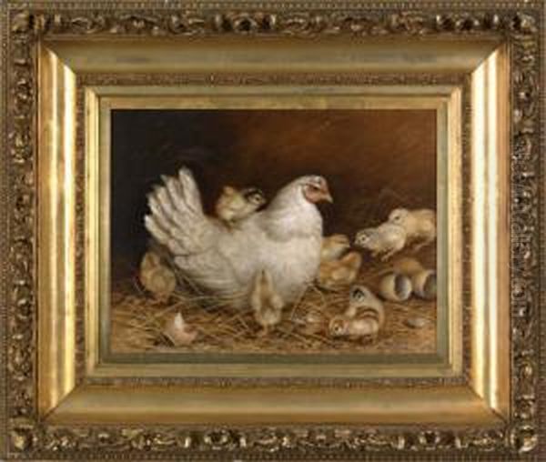 Hen And 9 Chicks Oil Painting by Ben Austrian