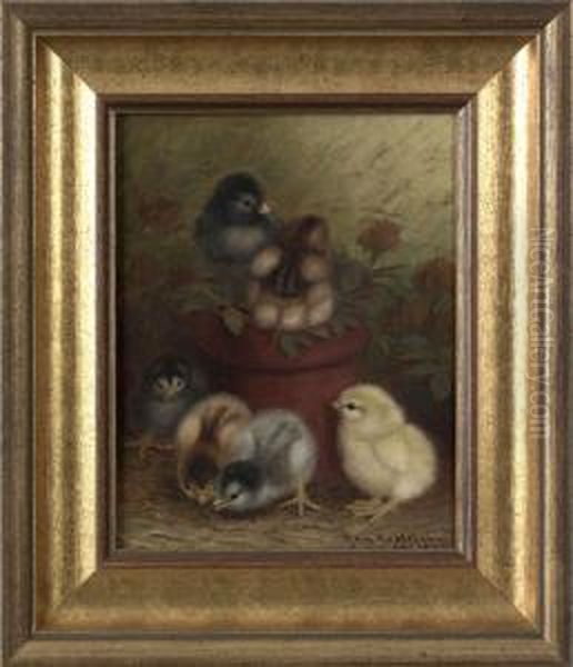 Chicks And A Flowerpot Oil Painting by Ben Austrian