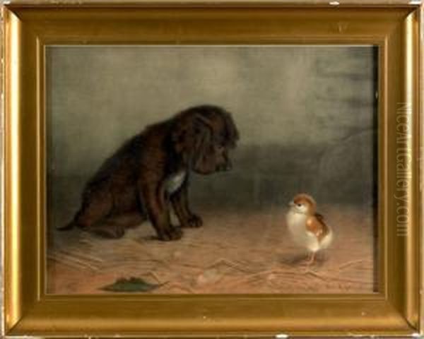 A Puppy And Chick Oil Painting by Ben Austrian