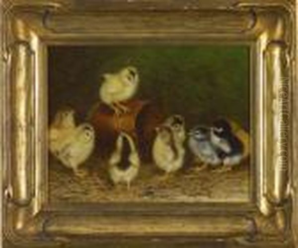 Barnyard Scene With 9 Chicks Oil Painting by Ben Austrian