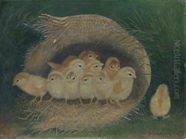 Chicks In A Straw Hat Oil Painting by Ben Austrian