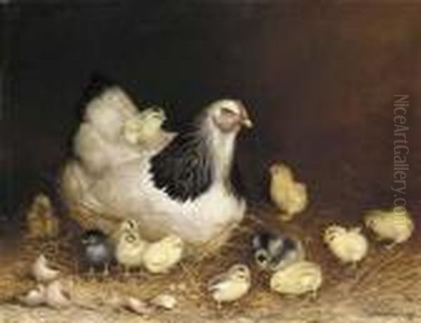 Hen And Chicks In The Hay Oil Painting by Ben Austrian