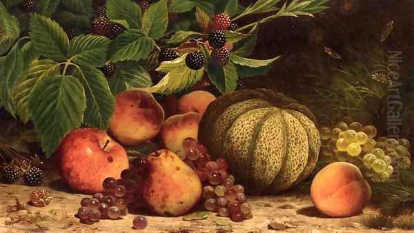 Still Life with Melon, Grapes, Peaches, Pears and Black Raspberries Oil Painting by William Mason Brown