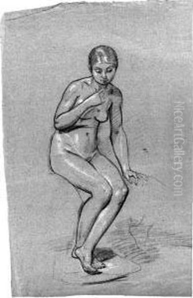 A Seated Female Nude, Looking Down; And A Drapery Study Oil Painting by Pauline Auzou