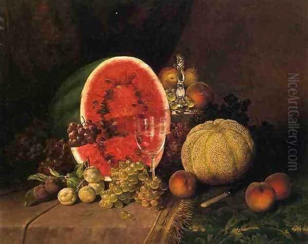 Still Life with Watermelon, Grapes, Peaches, Plums and Cantaloupe Oil Painting by William Mason Brown