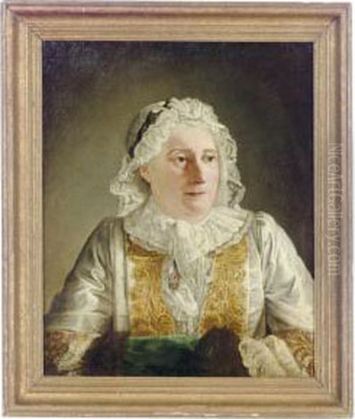 Portrait Of Madame Crozat, Half-length, In A White Dress And Bonnet Oil Painting by Jacques Andre Joseph Aved