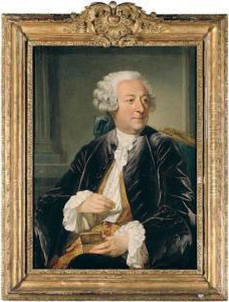 Portrait Of A Gentleman, Half 
Length Seated, Wearing A Purple Velvet Jacket And Holding A Snuffbox Oil Painting by Jacques Andre Joseph Aved