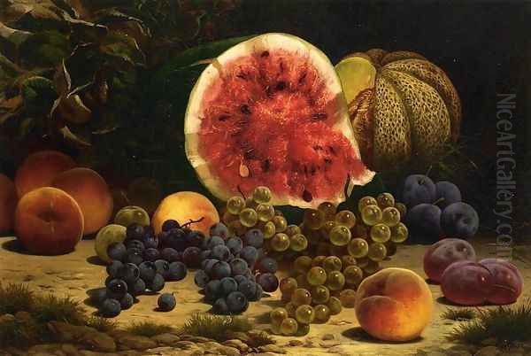 Still Life with Watermelon, Grapes, Peaches, Plums and Plums Oil Painting by William Mason Brown