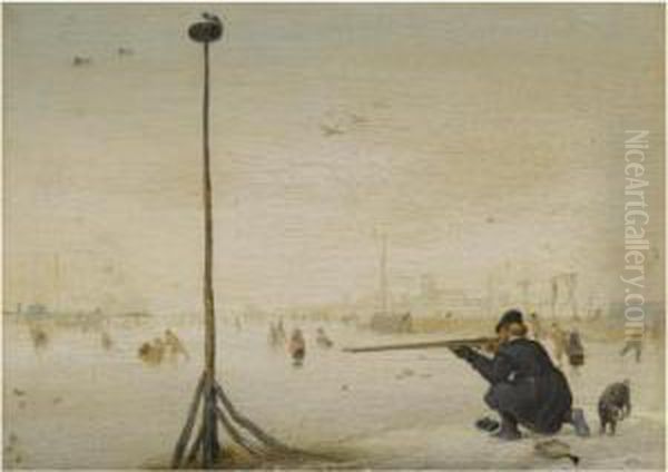 Winter Landscape With A Hunter Shooting Duck At The Edge Of A Frozen Waterway Oil Painting by Hendrick Avercamp