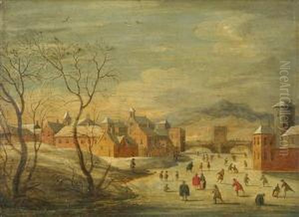 Winter Landscape With Kolf Players And Skaters On A Frozen River Before A Town Oil Painting by Hendrick Avercamp