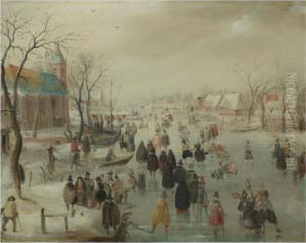 An Extensive River Landscape With Numerous Skaters Before Achurch, A Village Beyond Oil Painting by Hendrick Avercamp