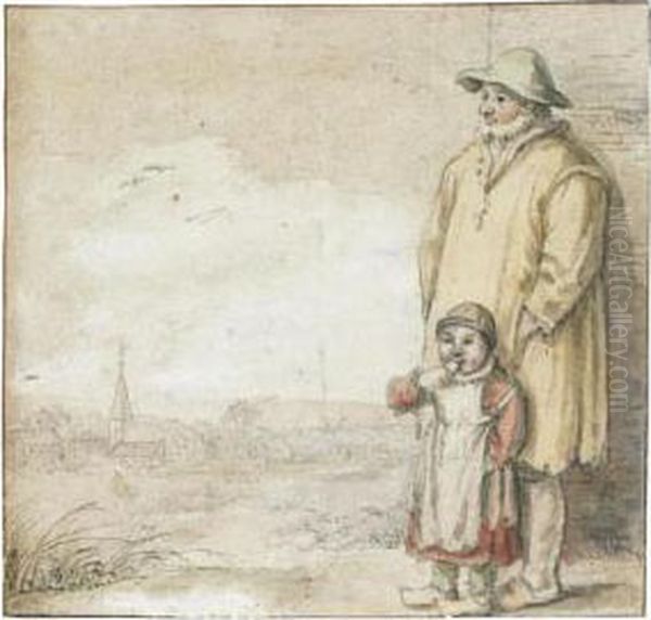 A Man And An Eating Child In A Landscape, A Village To The Left Oil Painting by Hendrick Avercamp