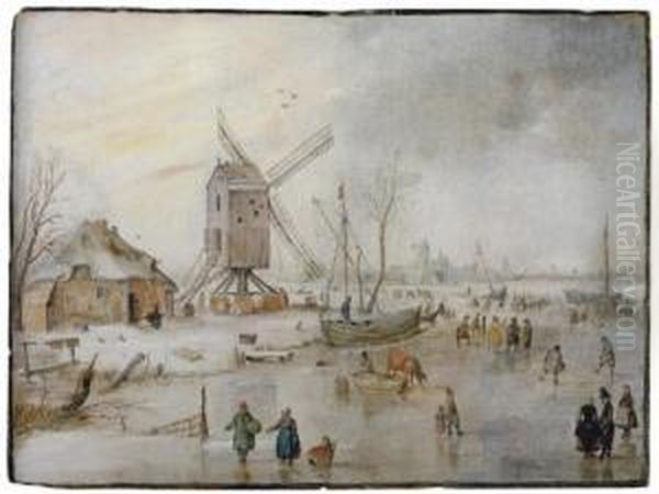 A Winter Landscape With Figures On A Frozen River Near A Windmill Oil Painting by Hendrick Avercamp