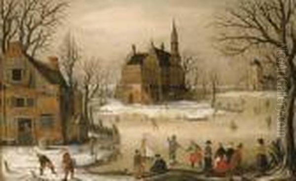 Figures In A Winter Landscape With A Castle Beyond Oil Painting by Hendrick Avercamp