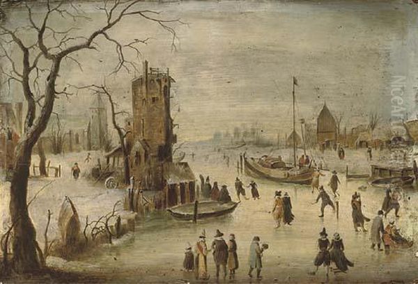 A Frozen River Landscape With Skaters Oil Painting by Hendrick Avercamp