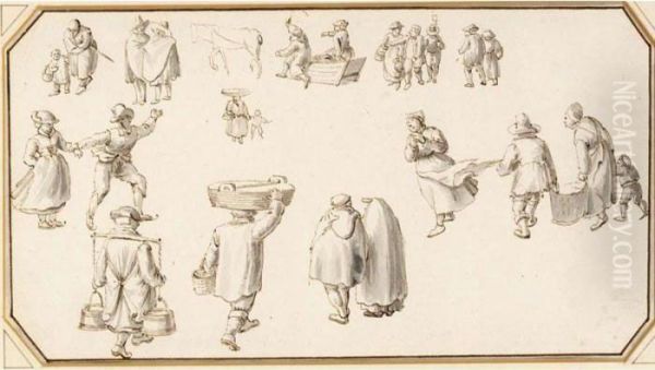 A Sheet Of Studies Of Figures On The Ice Oil Painting by Hendrick Avercamp