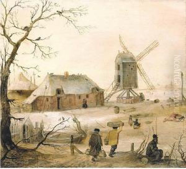 A Winter Landscape With Villagers On A Path By A Frozen River, A Windmill Beyond Oil Painting by Hendrick Avercamp