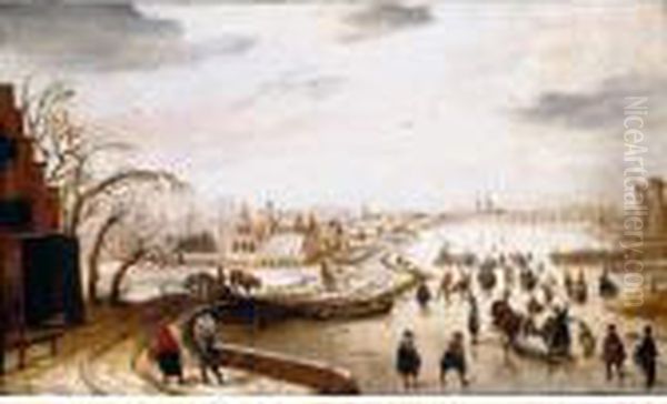 A Winter Landscape With Figures Skating On A Frozen River Oil Painting by Hendrick Avercamp