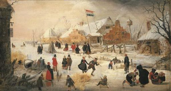 A Winter Landscape With Elegant Figures Skating On A Frozenriver Oil Painting by Hendrick Avercamp